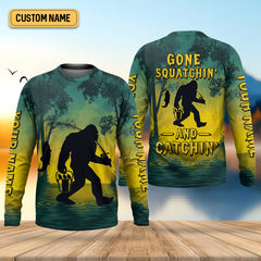 Maxcorners Gone Squatchin And Catching Yellow Forest Bigfoot Fishing UPF Shirts, Funny Fishing Shirt, Fishing Gifts For Men