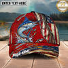 Maxcorners Fishing Ripped Red American Flag Hook Personalized Name 3D Cap (12 Fish Species)