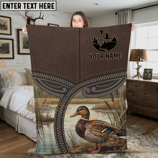 Maxcorners Rustic Leather Mallard Duck Wetland Scene Personalized 3D Blanket