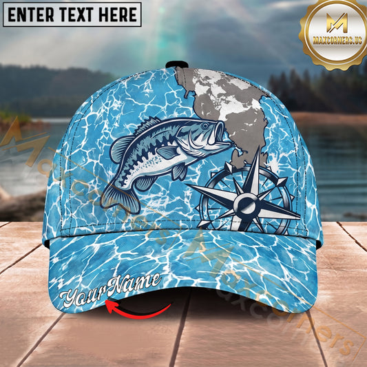 Maxcorners Fishing Coastal Compass Artwork Personalized Name 3D Cap (12 Fish Species)