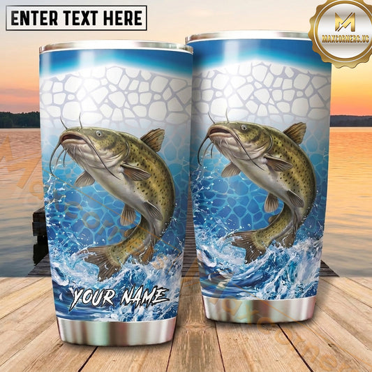 Maxcorners Fishing Tumbler White Aqua Hexagon Splash Design Personalized Name Tumbler (13 Species)