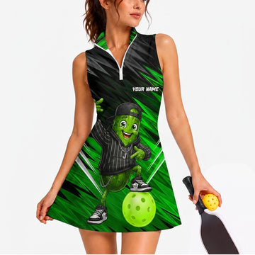 Maxcorners Pickleball Sleeveless Zipper Sports Dress Set Green Monster Pickleball Smash Personalized Name 3D Sleeveless Zipper Sports Dress Set