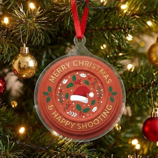 Maxcorners Personalized Merry Christmas Happy Shooting Santa Hat Holly Clay Target Acrylic Christmas Ornament And Keychain Custom Gift For Hunters 2D Flat