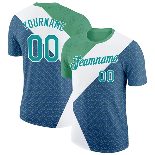 Maxcorners Pickleball Ball Pattern Diagonal Green Teal White Sport Personalized Name 3D Unisex Shirt
