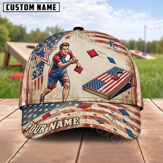 Maxcorners Cornhole American Flag Female Player Vintage Backyard Personalized Name 3D Cap