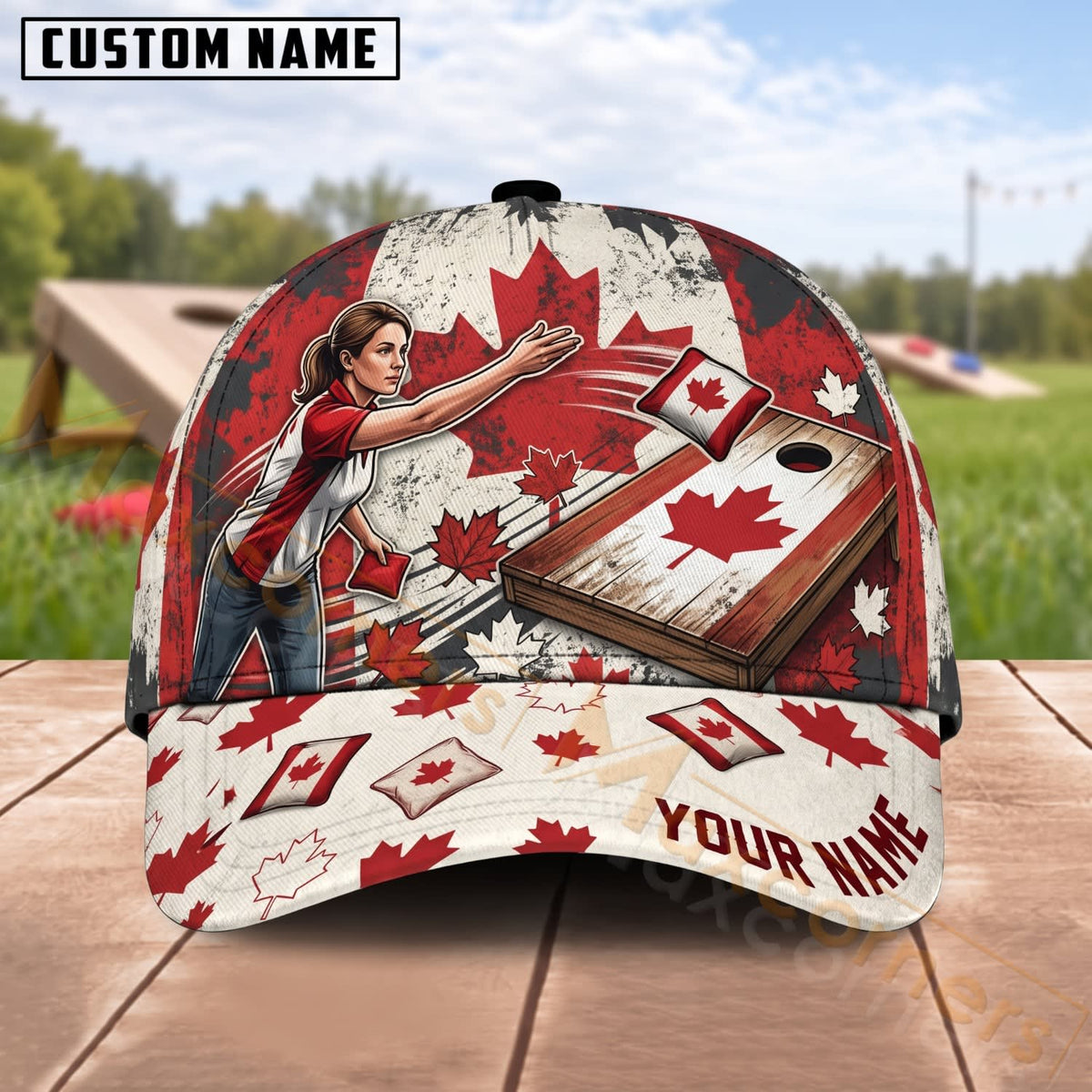 Maxcorners Cornhole Canadian Flag Female Player Red Maple Leaf Personalized Name 3D Cap