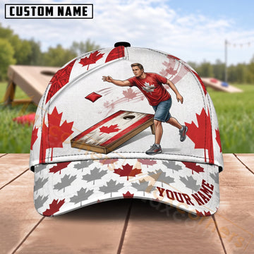 Maxcorners Cornhole Canada Male Player Throwing Bag Maple Leaf Personalized Name 3D Cap