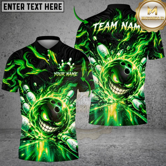 Maxcorners Bowling Evil Smile Flame Ball Burning Pins Strike Artwork Multicolor Customized Name, Team Name 3D Shirts