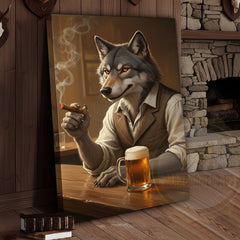 Maxcorners Wolf Gentleman Smoking Cigar and Drinking Beer in Rustic Bar Wrapped Canvas Wall Art