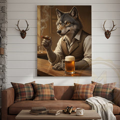 Maxcorners Wolf Gentleman Smoking Cigar and Drinking Beer in Rustic Bar Wrapped Canvas Wall Art
