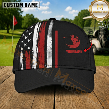 Maxcorners Golf Golfer American Flag Black Red White Distressed Personalized Name 3D Cap