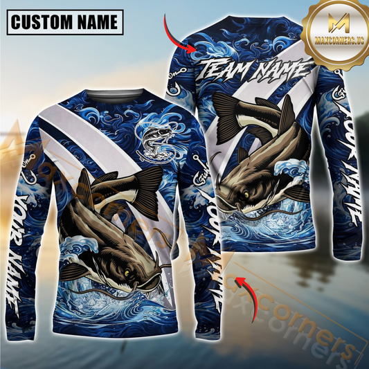 Maxcorners Catfish Fishing Blue Lava Smoke Silver Line Design Custom Name & Team Name 3D Shirts