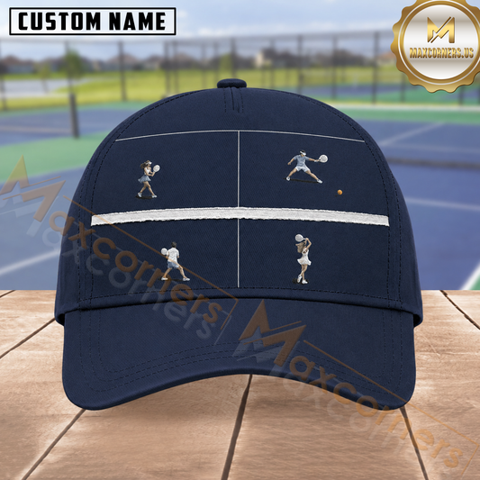 Maxcorners Tennis Four Players on Tennis Court Navy Blue Minimalist Court Graphic Personalized Name 3D Cap