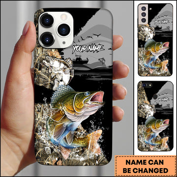 Maxcorners Walleye Fishing Blue Black Modern Splash Art Personalized Name 3D Phone Case