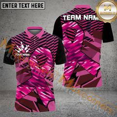 Maxcorners Bowling Ball And Pins Breast Cancer Awareness Black And Pink Ribbons Customized Name, Team Name 3D Shirt