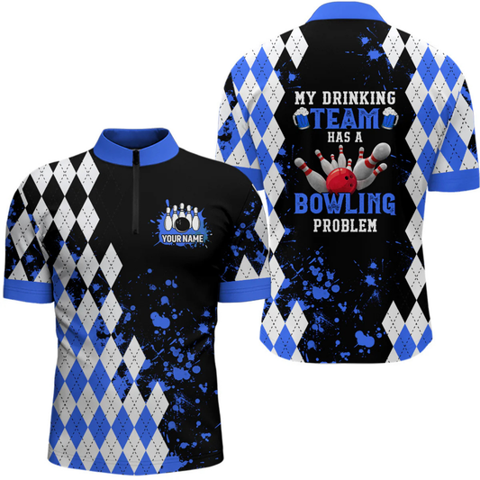 Maxcorners Blue argyle pattern Retro Bowling Shirts For Men Custom My drinking team has a bowling problem LM054