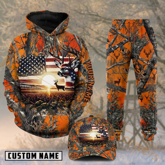 Maxcorners Hunting American Flag Deer Sunset Orange Camouflage Personalized 3D Combo Hoodie, Sweatpants Set & Cap