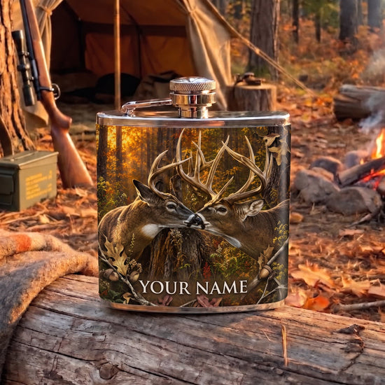 Maxcorners Hunting Whitetail Deer Golden Forest Scene Personalized Name 3D Hip Flask