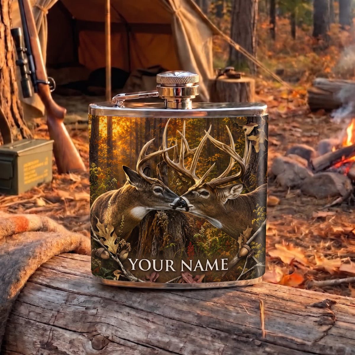 Maxcorners Hunting Whitetail Deer Golden Forest Scene Personalized Name 3D Hip Flask