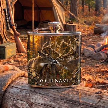 Maxcorners Hunting Whitetail Deer Golden Forest Scene Personalized Name 3D Hip Flask