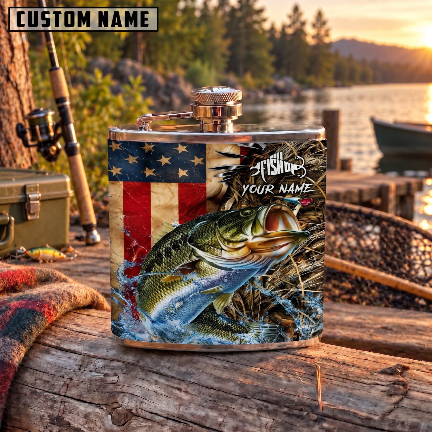 Maxcorners Fishing Largemouth Bass American Flag Outdoor Scene Personalized Name 3D Hip Flask