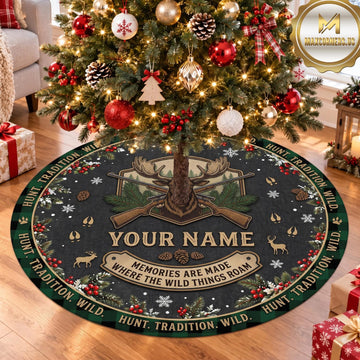 Maxcorners Hunting Deer Moose Green Lodge Personalized Name 3D Christmas Tree Skirt