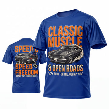 Maxcorners Personalized Car Classic Muscle Car 3D T-Shirt – Royal Blue Classic Muscle Speed and Freedom Graphic
