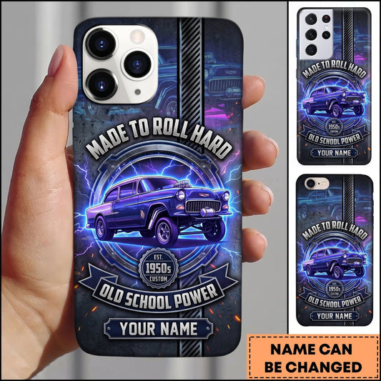 Maxcorners Hot Rod Purple Classic Car with Blue Lightning and Neon Glow Personalized Name 3D Phone Case