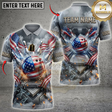 Maxcorners Bowling American Flag Metallic Bowling Ball And Lightning Personalized Name 3D Unisex Shirt
