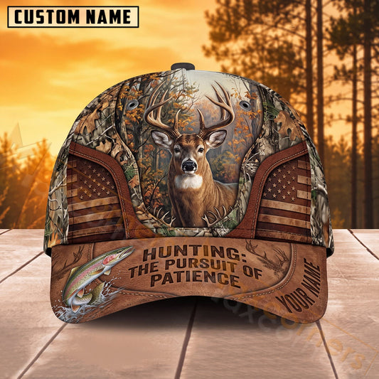 Maxcorners Whitetail Deer Hunting Vintage Leather Hunting Pursuit Personalized Name 3D Cap