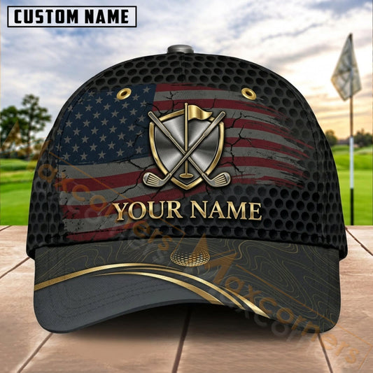 Maxcorners Golf USA Shield Retro Stripe Personalized Name 3D Cap