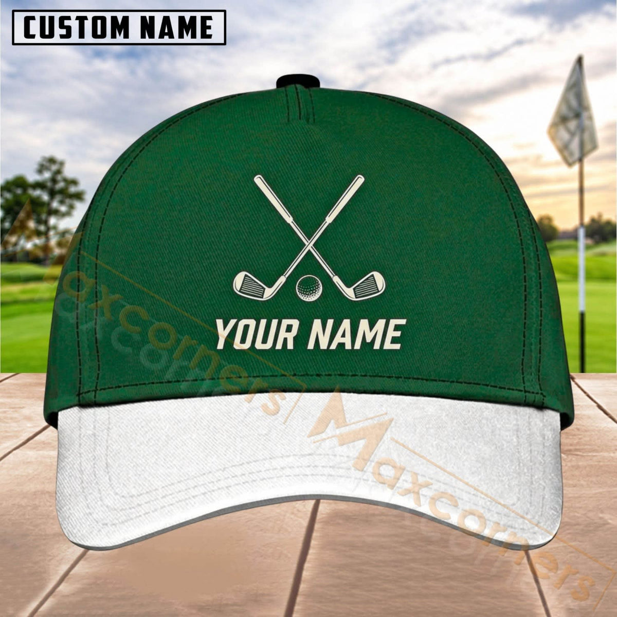 Maxcorners Golf Crossed Clubs Minimal Logo Personalized Name 3D Cap (5 Colors)
