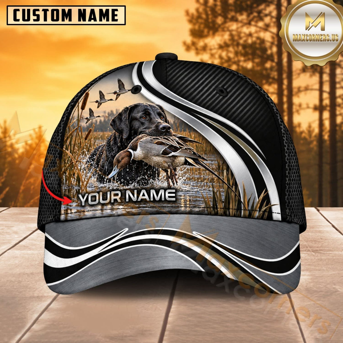 Maxcorners Dog Hunting And Duck Hunting Dog Black Silver Wave Personalized Name 3D Cap
-