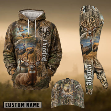Maxcorners Hunting Whitetail Deer Duck Turkey Forest Camo Personalized 3D Combo Hoodie, Legging Set & Cap