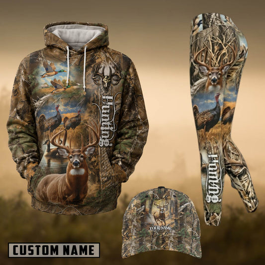 Maxcorners Hunting Whitetail Deer Duck Turkey Forest Camo Personalized 3D Combo Hoodie, Legging Set & Cap