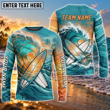 Maxcorners Surfing Golden Tropical Ocean Art Customized Name, Team Name 3D Long Sleeve Shirt