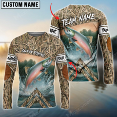 Maxcorners Salmon Fishing Elbow Patch Pattern Personalized Name, Team Name 3D Long Sleeve Shirt