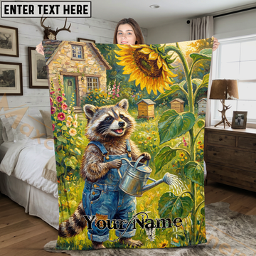 Maxcorners Cute Raccoon Gardening with Sunflower and Watering Can Personalized 3D Blanket