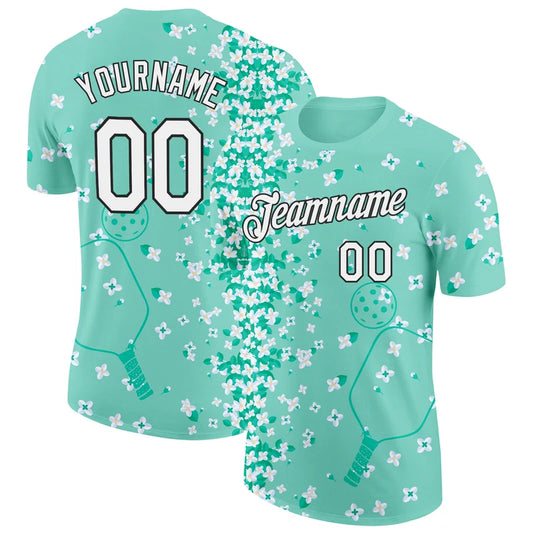 Maxcorners Pickleball Paddle Ball Mint Green White Floral Vine Pattern Personalized Name 3D Unisex Shirt