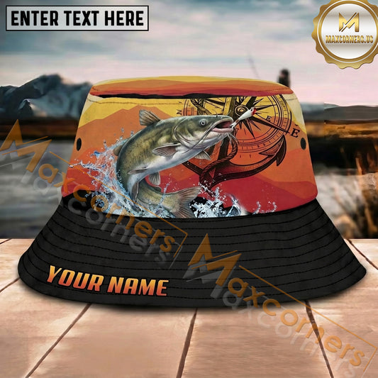 Maxcorners Fishing Compass Lure Sunset Splash Personalized Name 3D Bucket Hat (12 Fish Species)