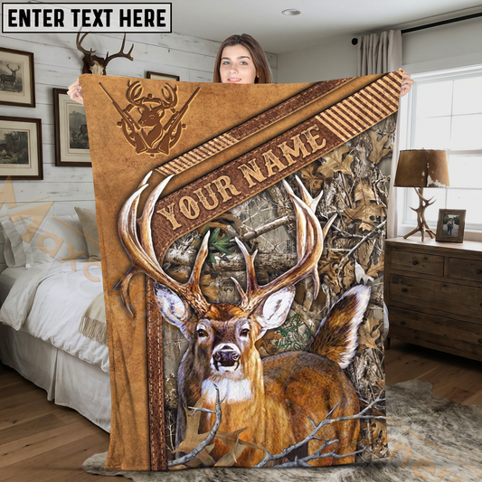 Maxcorners Rustic Leather Whitetail Deer Woodland Camo Personalized 3D Blanket