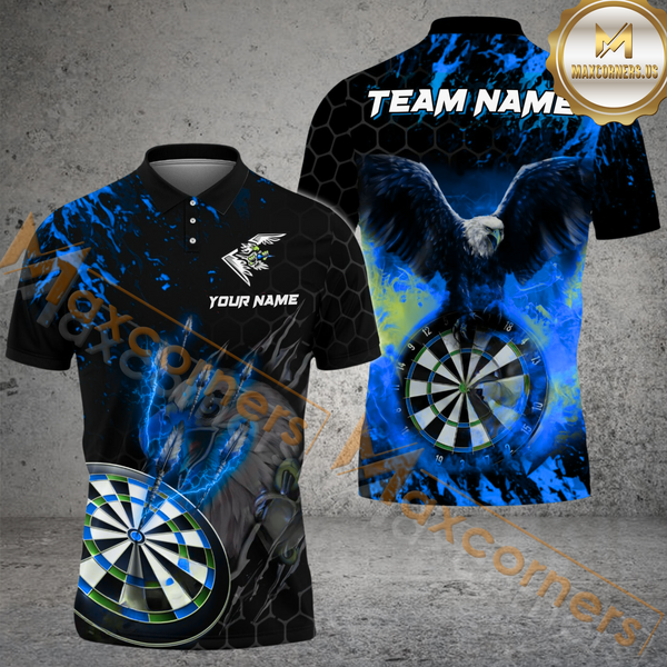 Maxcorners Darts Thunder Feather Flame Eagle Customized Name, Team Name 3D Polo Shirt