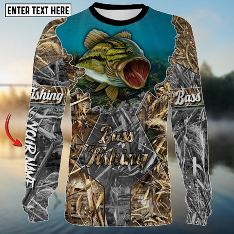 Maxcorners Bass Camo Fishing Customize Name 3D Shirt