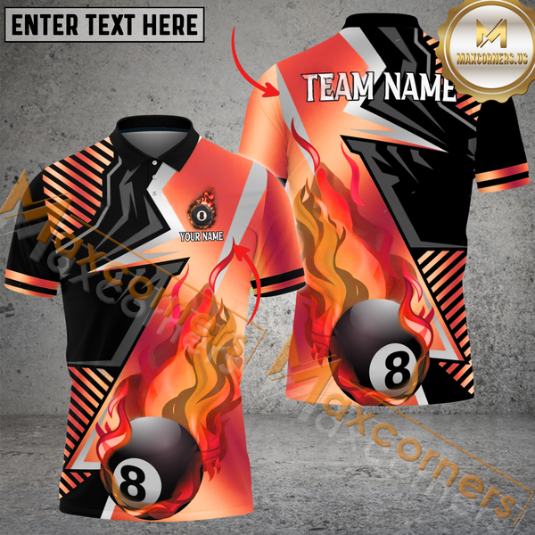 Maxcorners Ball 8 Blazing Strike Golden Pattern Billiard Jersey Multicolor Options Personalized Name, Team Name 3D Polo Shirt