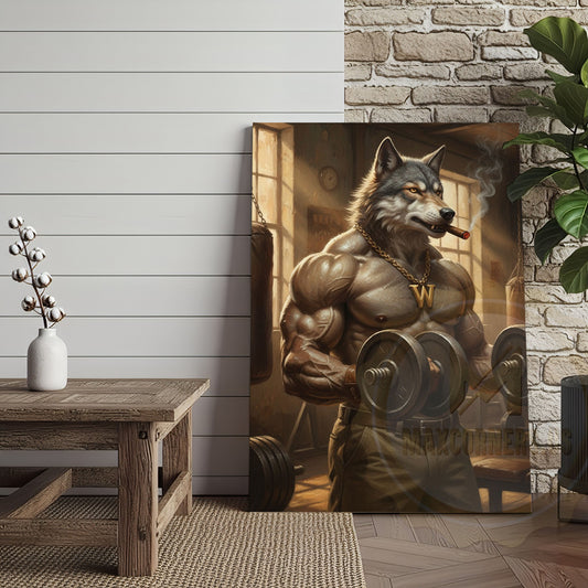 Maxcorners Muscular Wolf Bodybuilder Lifting Dumbbells in Vintage Gym with Smoke and Light Beams Wrapped Canvas Wall Art