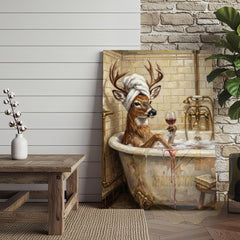 Maxcorners Funny Deer Bathtub Canvas Wall Art - Wine Sipping Bathroom Humor