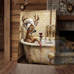 Maxcorners Funny Deer Bathtub Canvas Wall Art - Wine Sipping Bathroom Humor