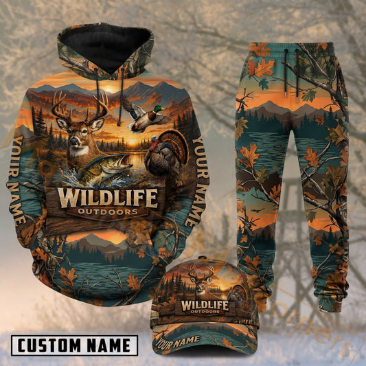 Maxcorners Hunting Wildlife Deer Mountain Sunset Forest Personalized 3D Combo Hoodie, Sweatpants Set & Cap
