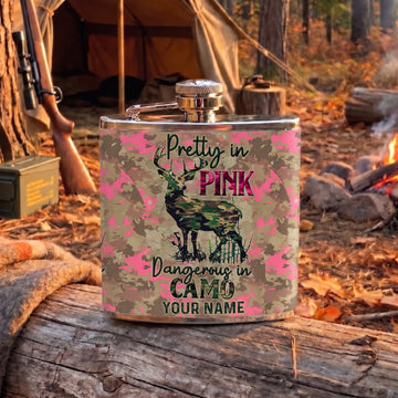Maxcorners Hunting Pretty In Pink Dangerous Camo Design Personalized Name 3D Hip Flask