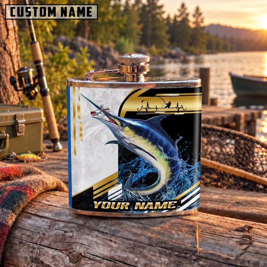 Maxcorners Fishing Blue Marlin Minimal Graphic Personalized Name 3D Hip Flask